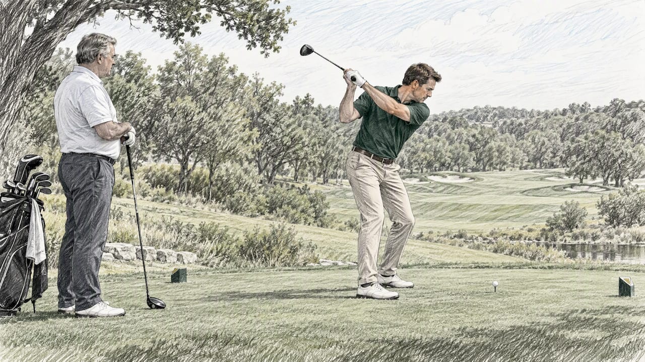 Golfers taking turns at the tenth tee