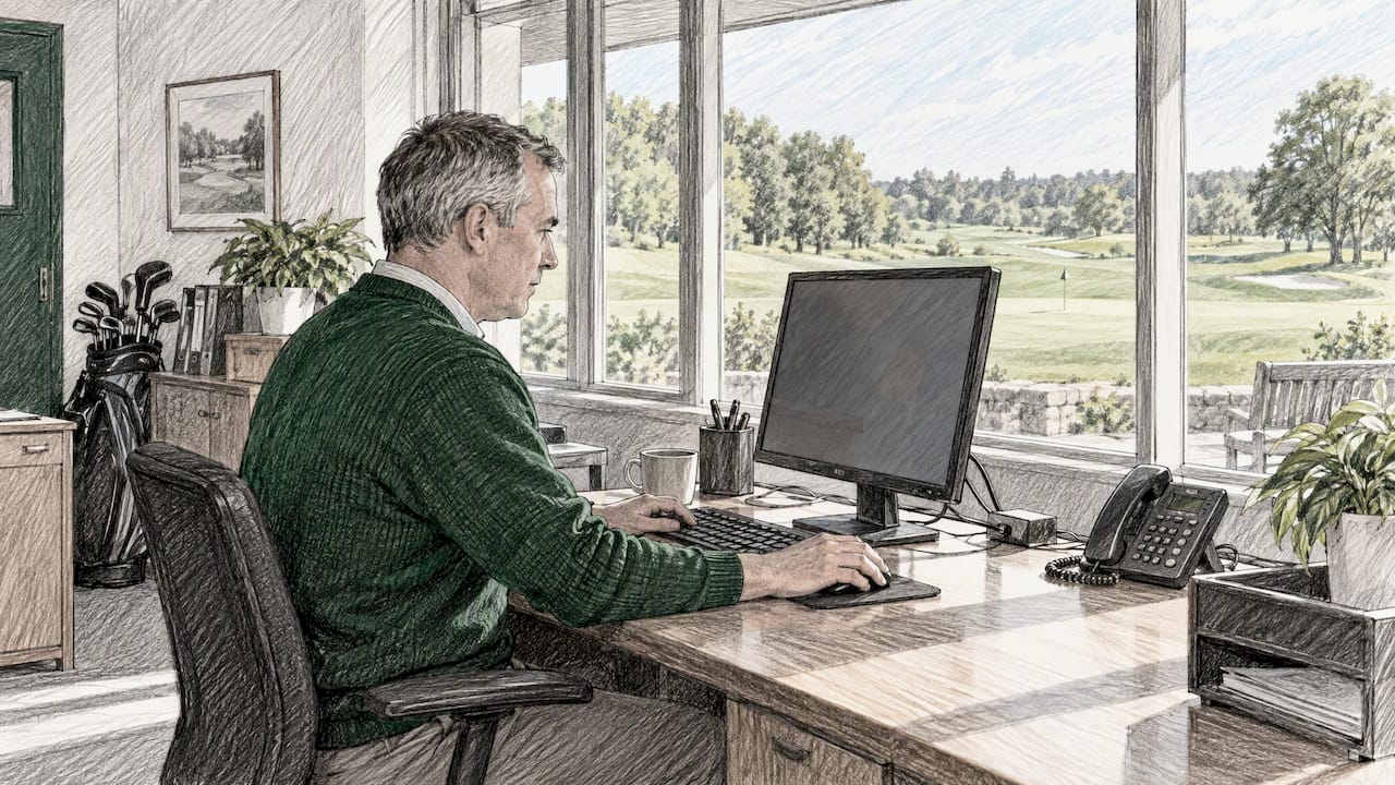 Club manager configuring email beside a golf course