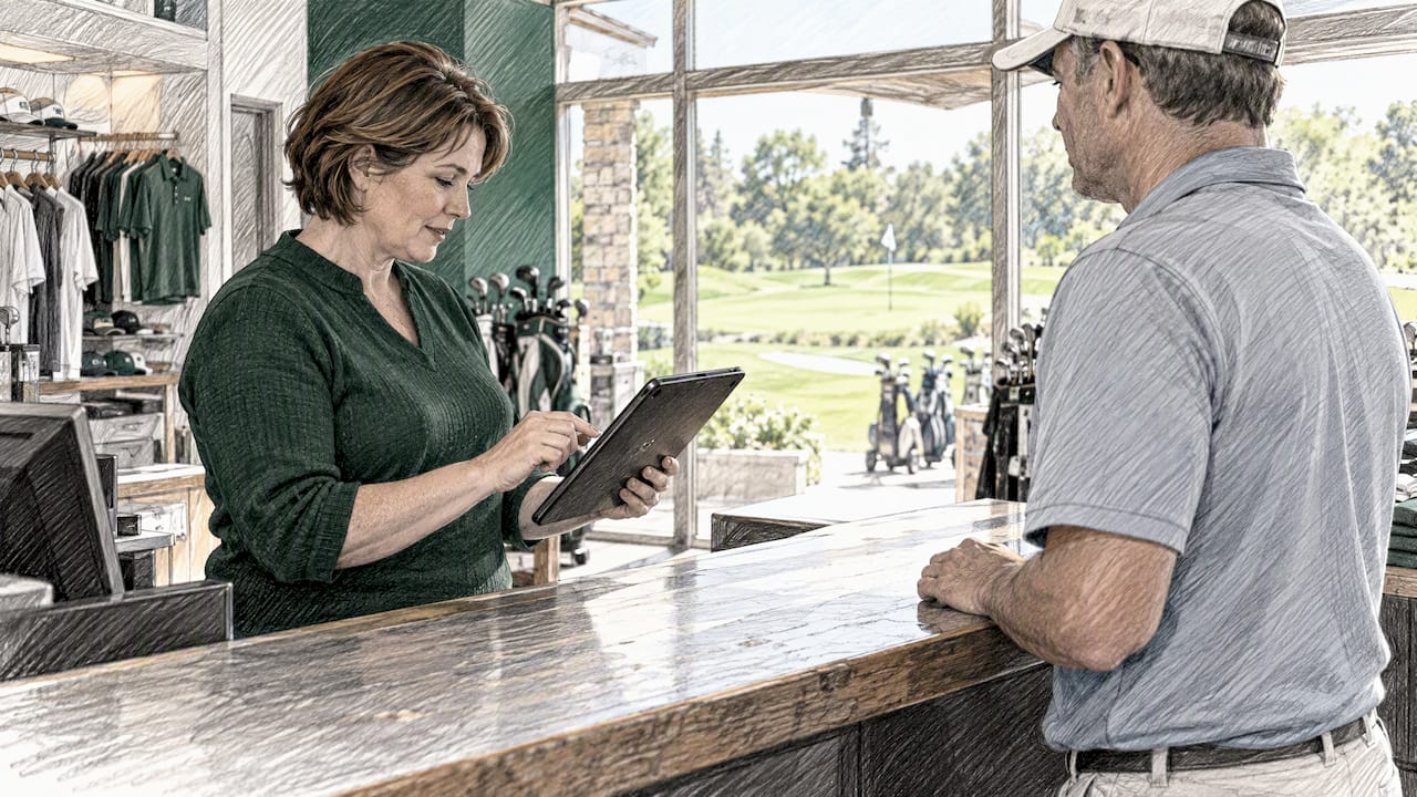 Golf club receptionist checking a guest reservation
